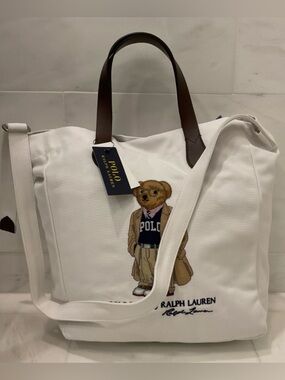 Polo Ralph Lauren White COLLEGIATE BEAR Canvas Embroidered SHOPPER Tote Bag
